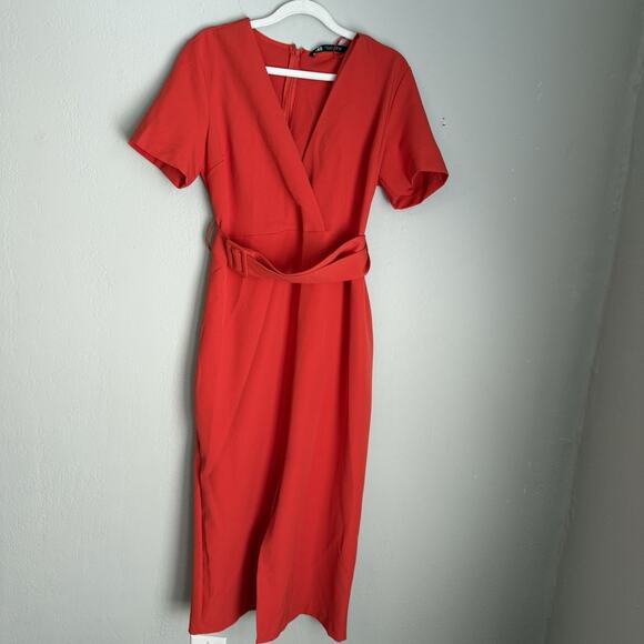 ZARA Midi Dress Belted Orange Sheath Large - Picture 10 of 12